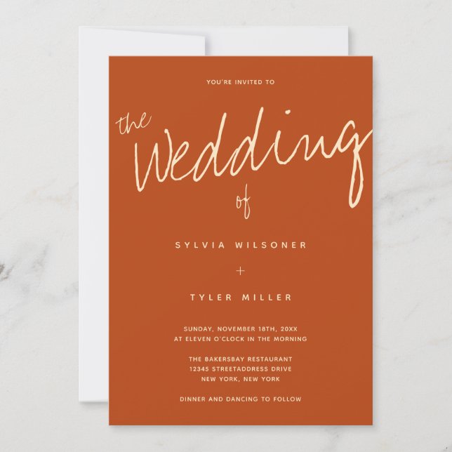 QR Code Casual Typography Burnt Orange Wedding Invitation (Front)