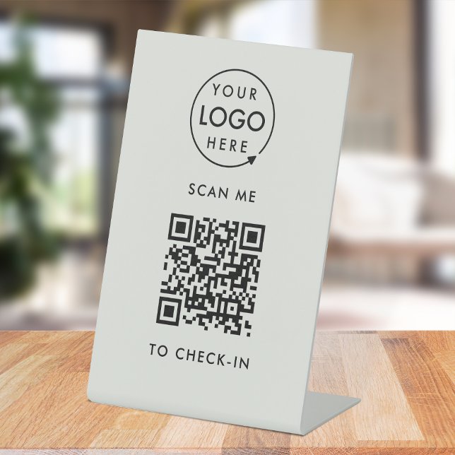 QR Code Check-In | Grey Business Logo Contactless Pedestal Sign (Interactive QR code check-in signage with your business logo.)