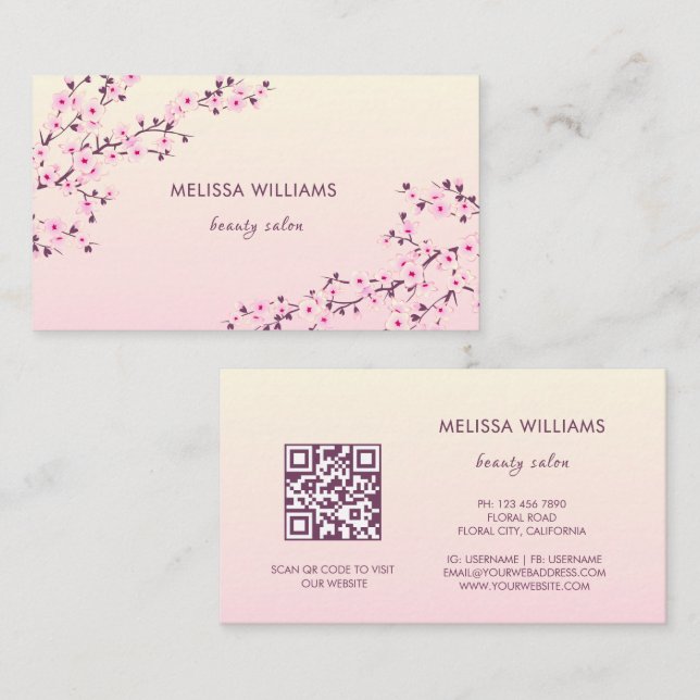 QR Code | Cherry Blossom Pink Business Card (Front/Back)