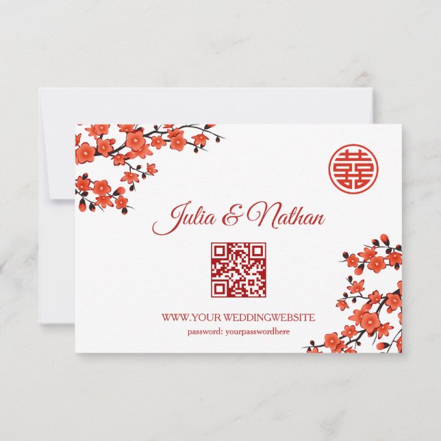 QR Code | Cherry Blossom Red RSVP Chinese Wedding Card (Back)