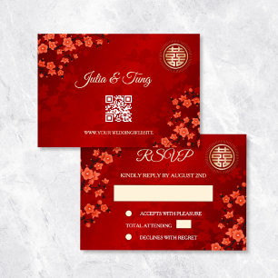 QR Code   Cherry Blossom Red RSVP Chinese Wedding Invitation