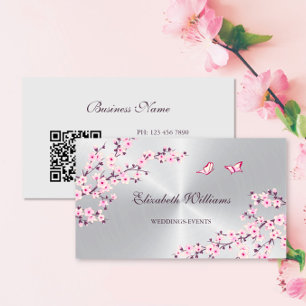 QR Code   Cherry Blossoms Pink Silver  Business Card