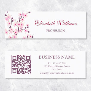 QR Code Cherry Blossoms Pink White Mini Business Card