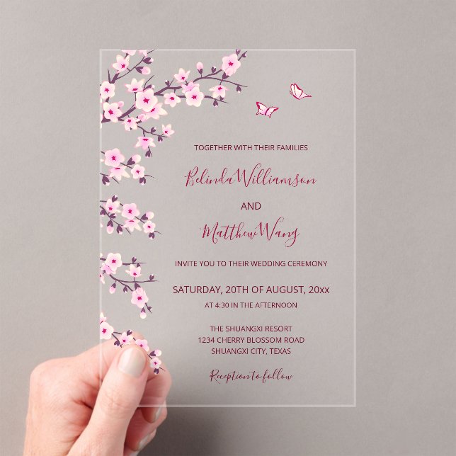 QR Code | Cherry Blossoms  Pink White Wedding Acrylic Invitations (Insitu (Handheld))