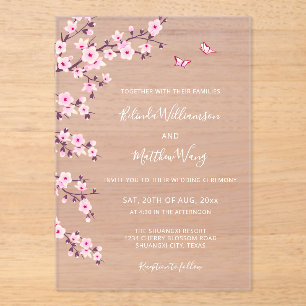 QR Code Cherry Blossoms Pink White Wedding Acrylic Invitations