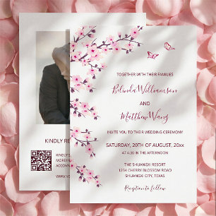 QR Code Cherry Blossoms Pink White Wedding Invitation