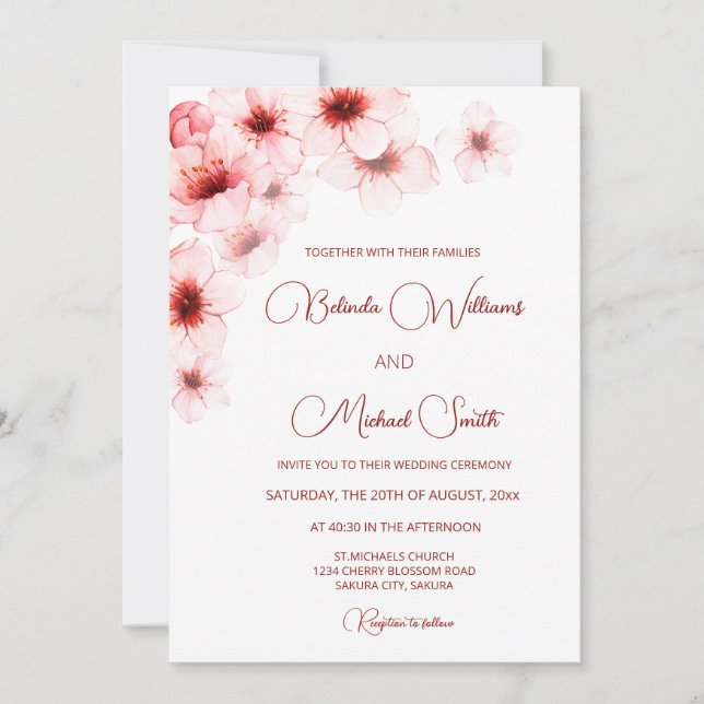 QR Code Cherry Blossoms Watercolor Wedding Invitation (Front)