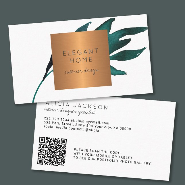 QR CODE chic blue leaf glam gold interior designer Business Card (Creator Uploaded)