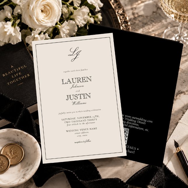 QR Code Classic Black & Ivory Monogram Wedding Invitation (Creator Uploaded)