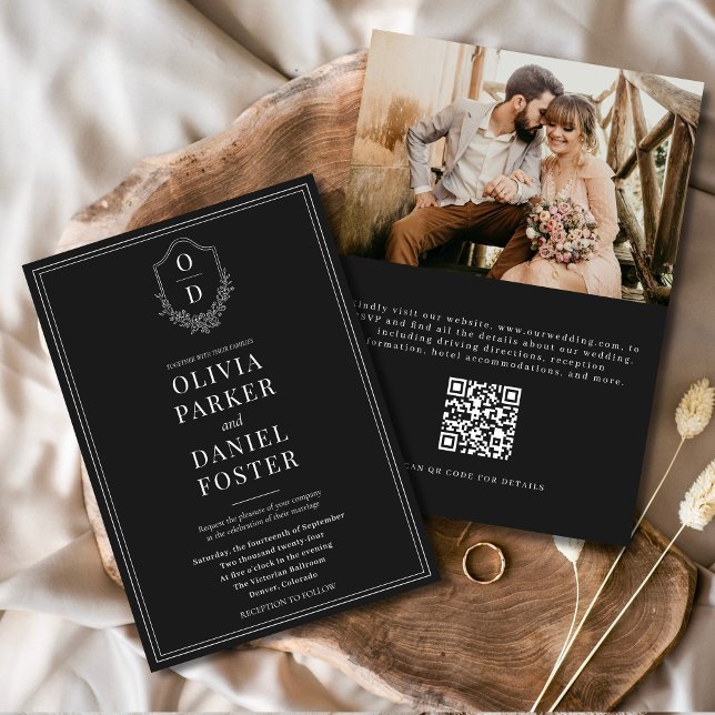 QR Code Classic Crest Black & White Photo Wedding Invitation (Creator Uploaded)
