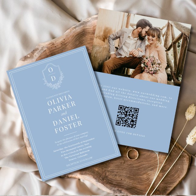 QR Code Classic Crest Dusty Blue Photo Wedding Invitation (Creator Uploaded)