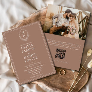 QR Code Classic Crest Mocha Brown Photo Wedding Invitation