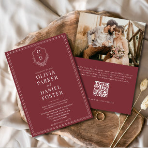 QR Code Classic Crest Photo Burgundy Wedding Invitation