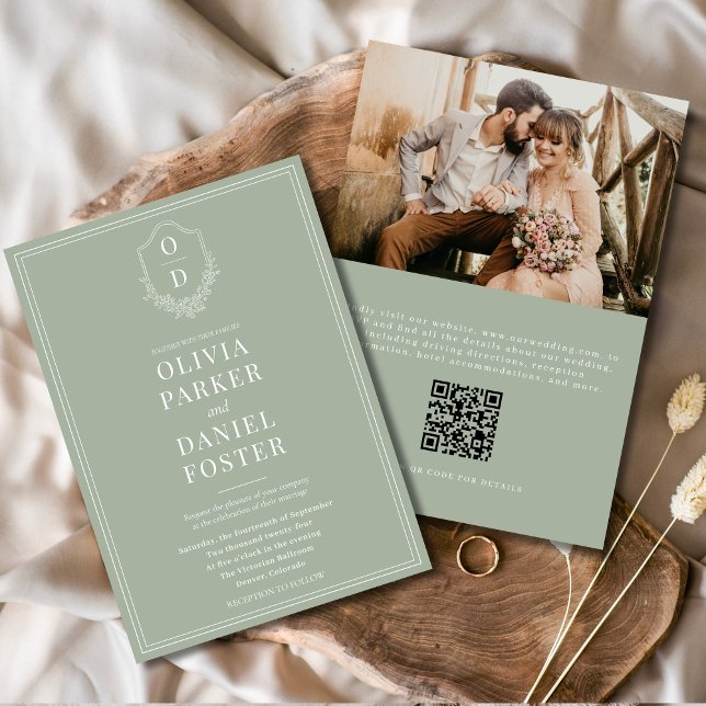 QR Code Classic Crest Sage Green Photo Wedding Invitation (Creator Uploaded)