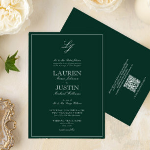 QR Code Classic Emerald Green Monogram Wedding Invitation