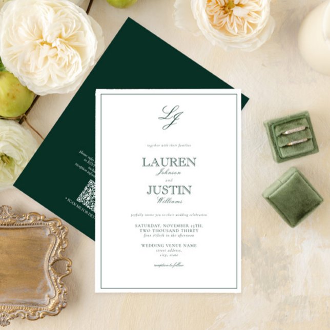 QR Code Classic Emerald Green Monogram Wedding Invitation (Creator Uploaded)