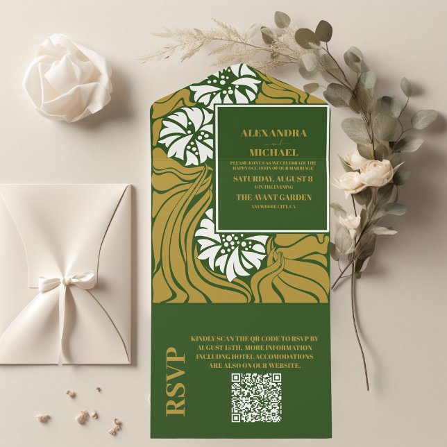 QR Code Classic Green Art Nouveau Wedding All In One Invitation (Creator Uploaded)