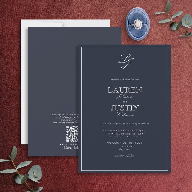 QR Code Classic Navy Blue Script Monogram Wedding  Invitation (Creator Uploaded)