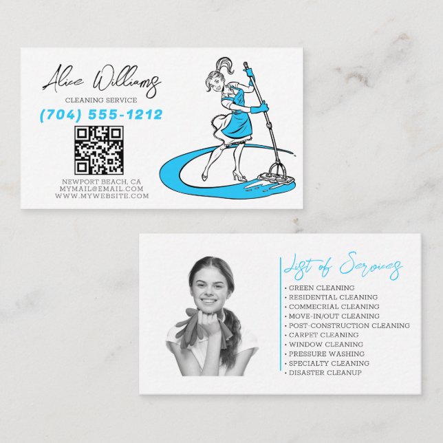 QR Code Cleaning Service Blue Maid Photo Business Card (Front/Back)