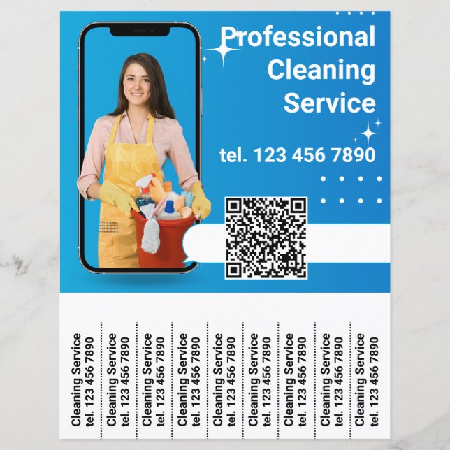 QR Code Cleaning Service Flyer Tear Off Strips (Front)