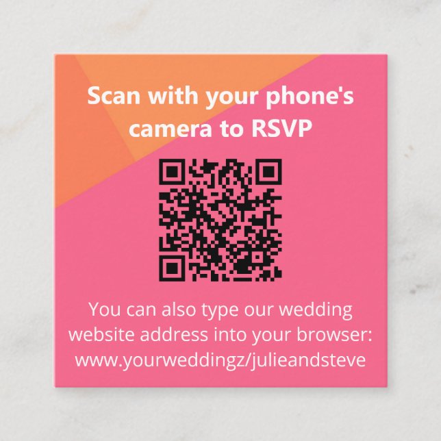 QR Code Colour Block Orange Pink Wedding RSVP Enclosure Card (Front)