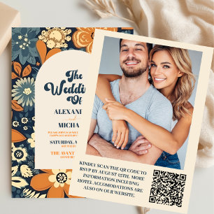QR Code Colourful  Groovy Retro 70s Floral Wedding Invitation
