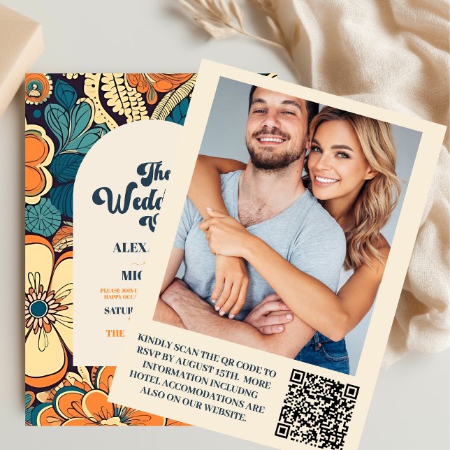 QR Code Colourful  Groovy Retro 70s Floral Wedding Invitation (Creator Uploaded)