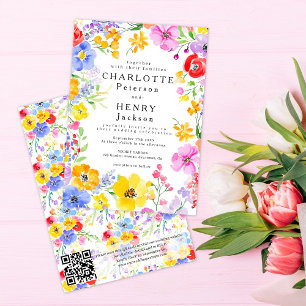 QR Code Colourful Watercolor Floral Spring Wedding Invitation