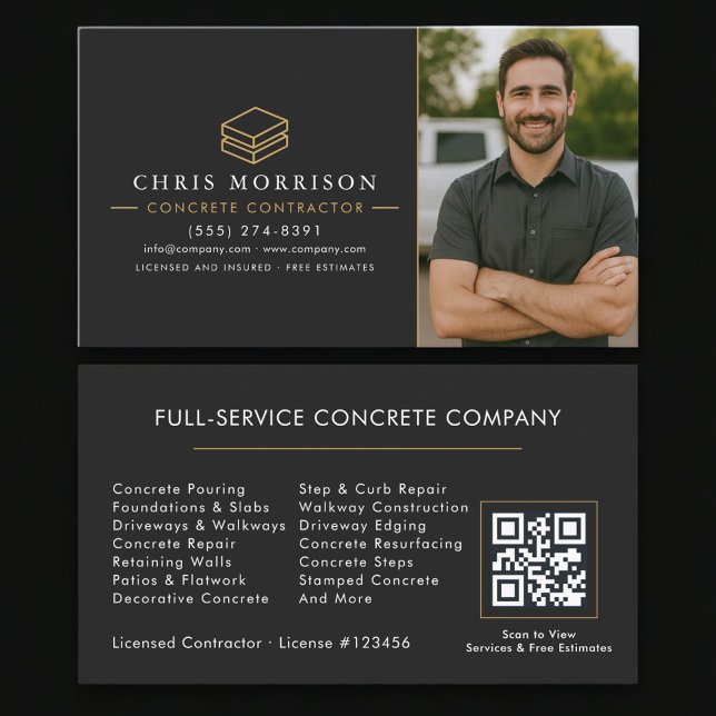 QR Code Concrete Contractor Photo Business Card (Creator Uploaded)