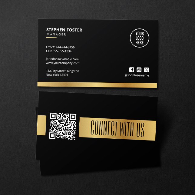 QR Code Connect With Us Social Media Black & Gold Business Card (Creator Uploaded)