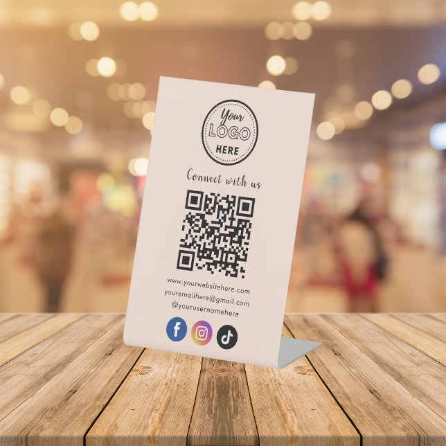QR Code Connect With Us Social Media Soft Peach Pedestal Sign (Creator Uploaded)