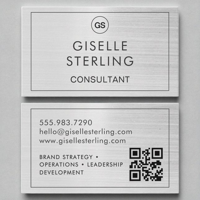 QR Code Consultant Brushed Silver Monogram  Business Card (Creator Uploaded)