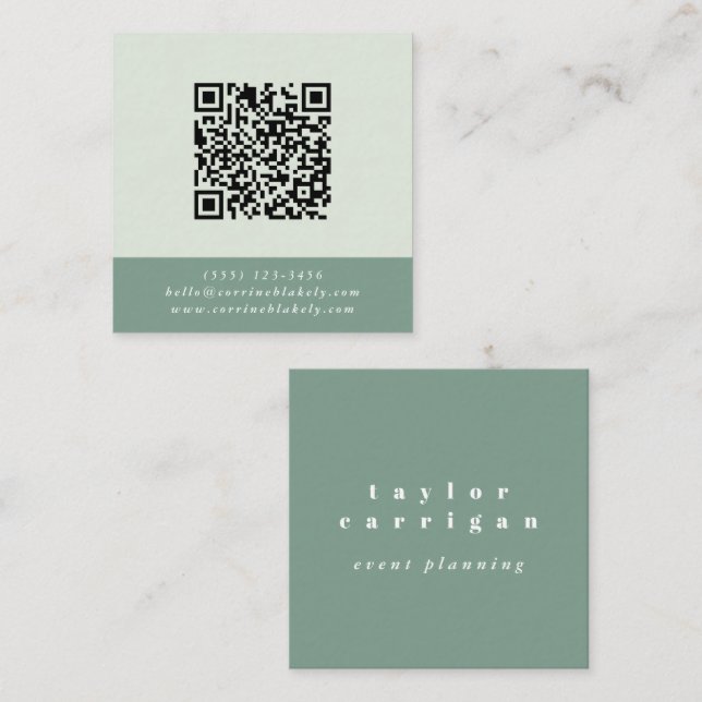 QR Code Contact Website Mint Colour Block Square Business Card (Front/Back)