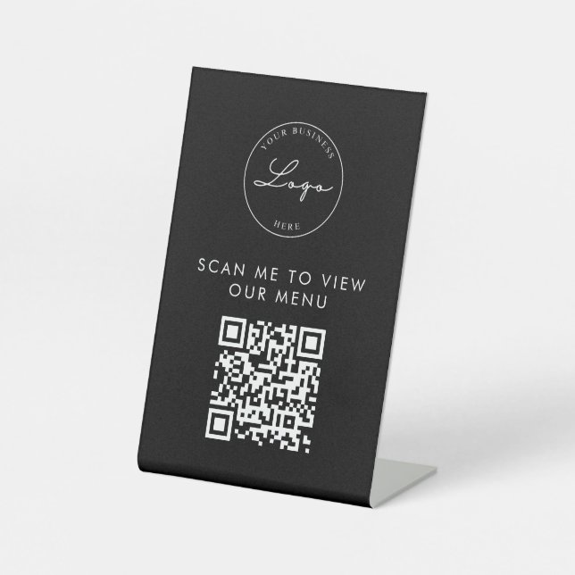 QR Code | Contactless Scan Menu Logo Black Modern Pedestal Sign (Front)