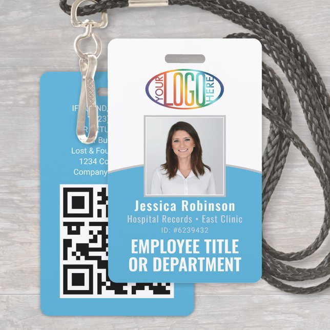 QR Code Corporate Logo Employee Photo Light Blue ID Badge (Creator Uploaded)