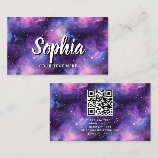 QR Code Cosmic Galaxy Stars Purple Nebula Business Card (Front/Back)