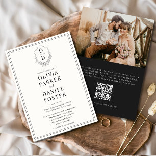 QR Code Crest Black & White Photo Modern Wedding Invitation