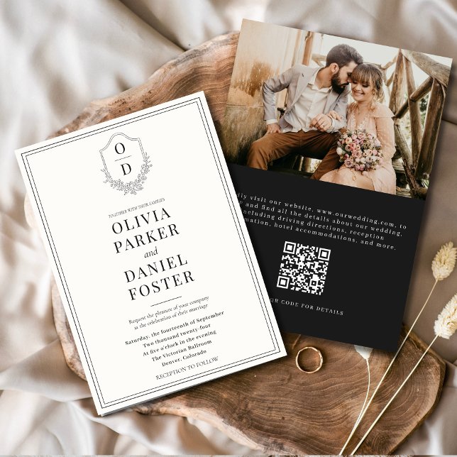QR Code Crest Black & White Photo Modern Wedding Invitation (Creator Uploaded)