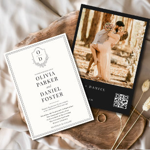 QR Code Crest Black & White Photo Modern Wedding Invitation