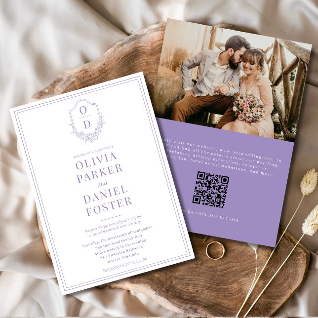 QR Code Crest Lilac Purple Photo Wedding Invitation (Creator Uploaded)