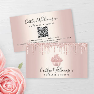 QR Code Cupcake Bakery Chef Glitter Drip Rose Gold Business Card