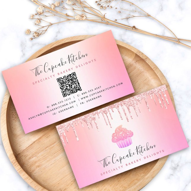 QR Code Cupcake Bakery Chef Pink Glitter Rainbow Business Card (Creator Uploaded)