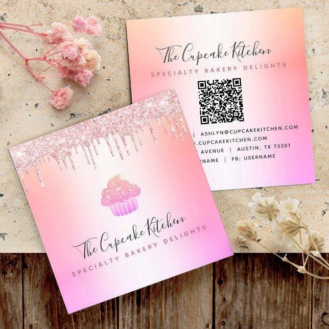 QR Code Cupcake Bakery Chef Pink Rainbow Glitter Square Business Card (Creator Uploaded)