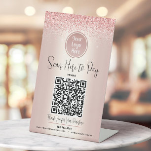 QR Code Custom Logo Pay Here Rose Gold Glitter Pedestal Sign