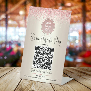 QR Code Custom Logo Pink Glitter Pay Here Gold Pedestal Sign