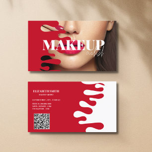 QR Code custom photo Red& White Makeup artist Business Card