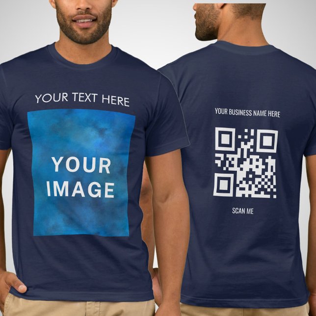 QR Code Custom Text and Image Promotional Navy T-Shirt (Creator Uploaded)