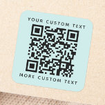 QR code custom text top bottom light aqua blue Square Sticker<br><div class="desc">Light aqua blue, square stickers with your QR code and custom text, one line at the top and one at the bottom. Change fonts and colors, move and resize elements with the design tool. NOTE! YOU NEED TO REPLACE THE QR CODE TEMPLATE WITH YOUR OWN QR CODE! Follow us on...</div>