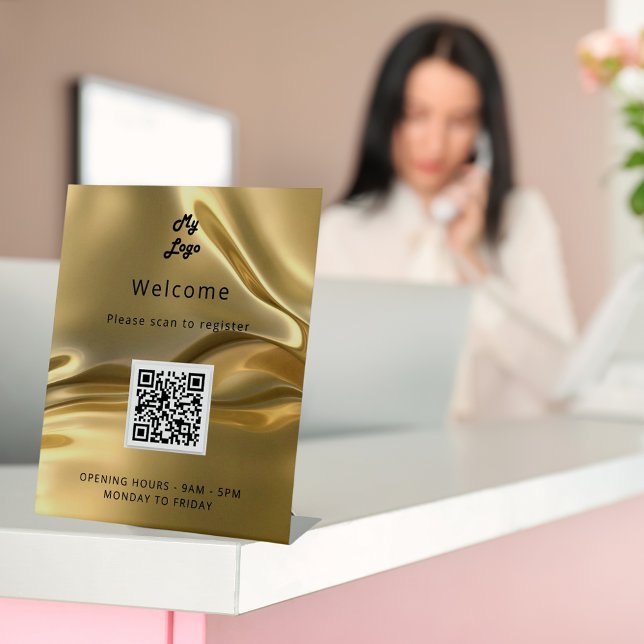QR code customer registration gold metal welcome Pedestal Sign (Creator Uploaded)