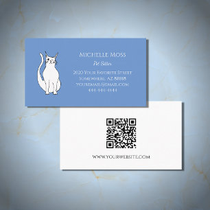 QR code Cute Cat Pet Sitter Blue Business Card